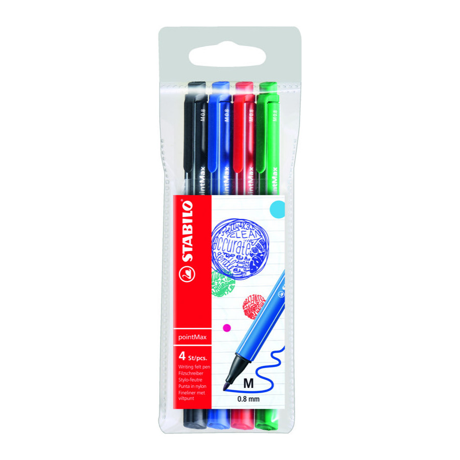 4 stylos-feutres pointe moyenne STABILO pointMax noir bleu rouge vert -  BuroStock Réunion