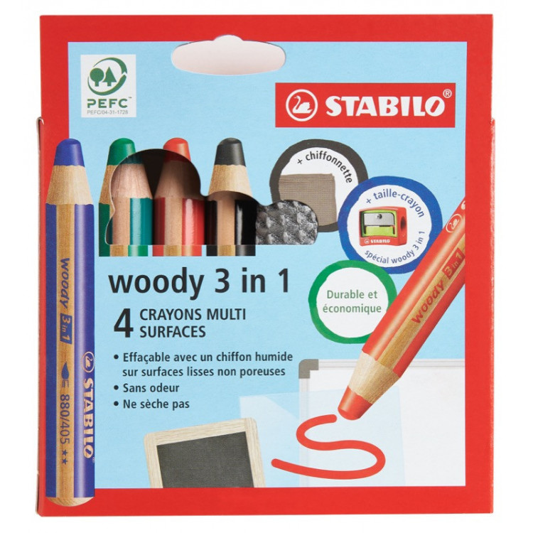 4 crayons multisurfaces STABILO woody 3in1 + taille crayon + chiffon