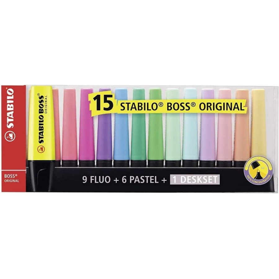 Set de bureau de 15 surligneurs STABILO BOSS ORIGINAL - BuroStock Réunion