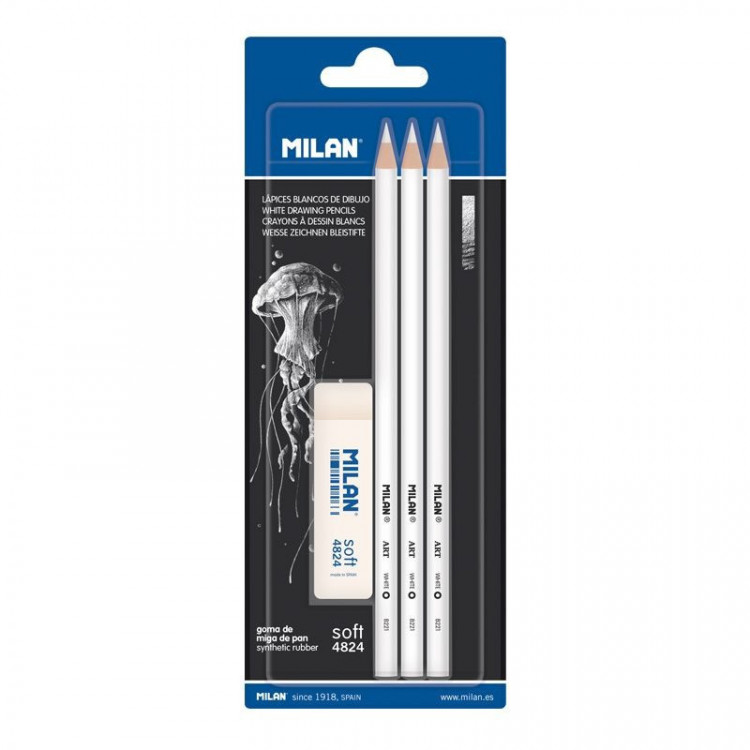 Blister 3 crayons blanc + 1 gomme MILAN 4824