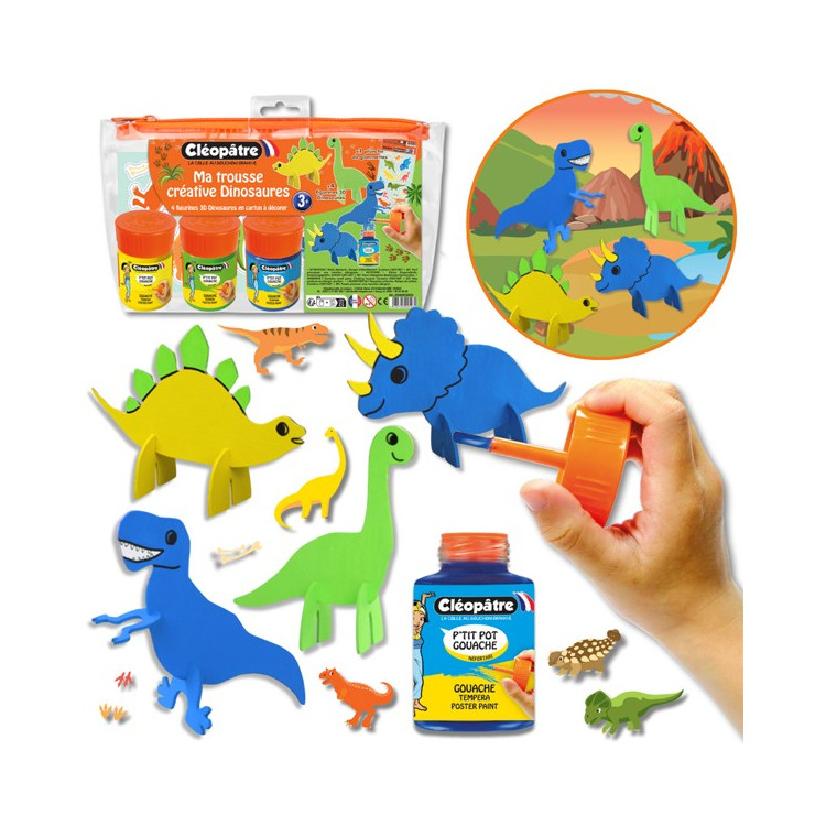 Kit créatif Dinosaures pour enfants – 4 figurines 3D à décorer avec P’tits Pots de gouache et gommettes