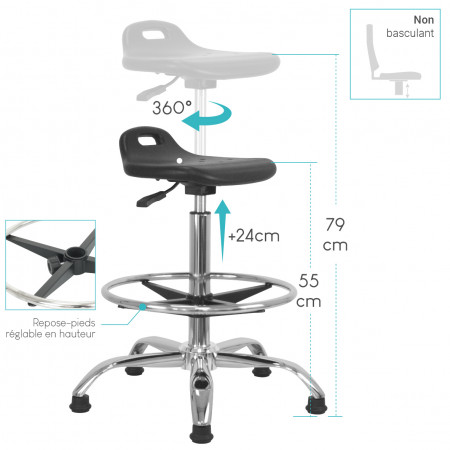Tabouret Assis-Debout Ergonomique Réglable avec Repose-Pieds et Poignée de Transport