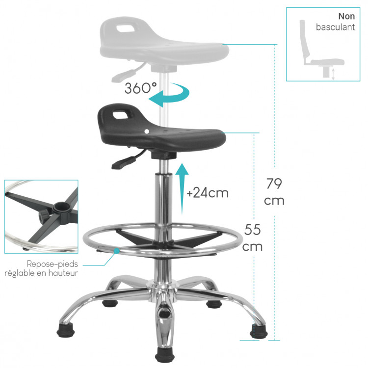 Tabouret Assis-Debout Ergonomique Réglable avec Repose-Pieds et Poignée de Transport