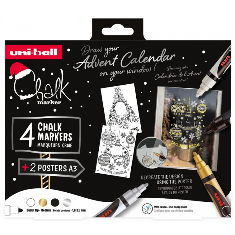 Uni-ball Marqueur Craie Chalk Marker - Coffret Noël TRADI, 4 pièces