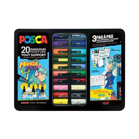 Mallette métal noire POSCA Manga Hero - Coffret 20 marqueurs