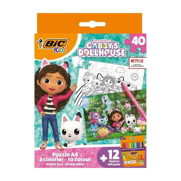 BIC Kids Puzzle Gabby et la Maison Magique - 12 feutres de coloriage + puzzle 40 pièces