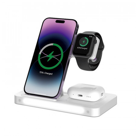 Chargeur sans fil triple Devia 3-en-1 pour iPhone, Apple Watch et AirPods – Blanc