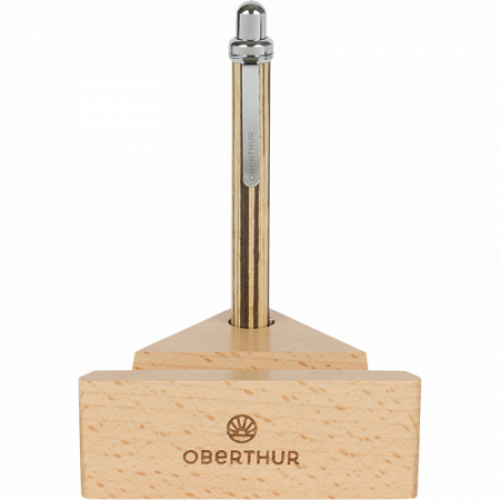 Mini stylo bille Tolède Oberthur – Brun cérusé et chrome, support bois pour smartphone