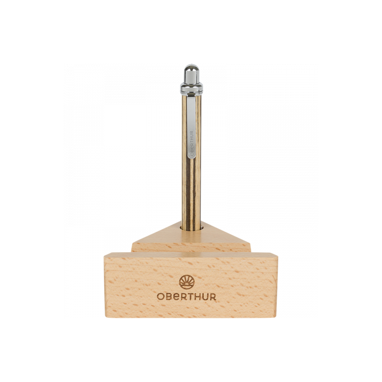 Mini stylo bille Tolède Oberthur – Brun cérusé et chrome, support bois pour smartphone