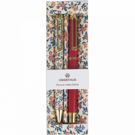 Parure roller et stylo bille Carmen rouge Oberthur – Coffret motifs fleuris