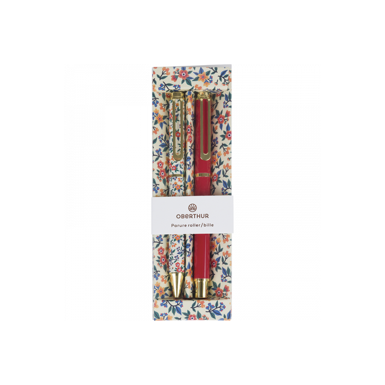 Parure roller et stylo bille Carmen rouge Oberthur – Coffret motifs fleuris