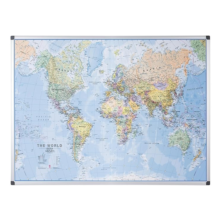 Tableau carte du monde magnétique Bi-Silque 90x120 cm – Surface effaçable à sec