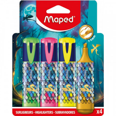 Surligneurs Dragon Kids Maped x4 – Pochette de 3 couleurs fluo et 1 effet pailleté or