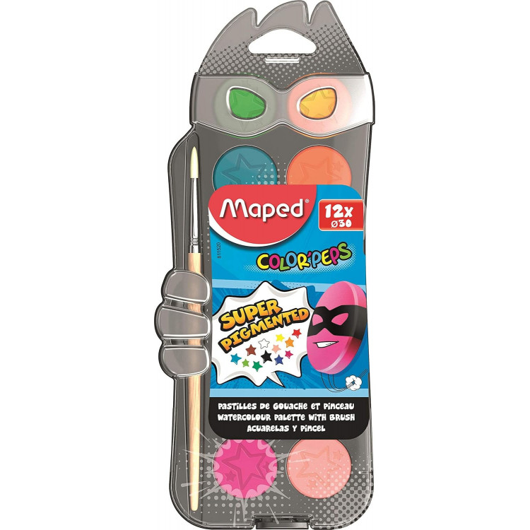 Pastilles de gouache Color'Peps Maped 30 mm – Boîte de 12 couleurs avec pinceau inclus