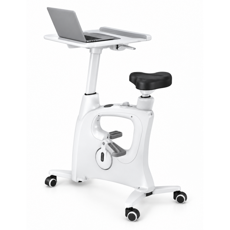 Vélo de bureau Office Bike blanc avec tablette de travail – 8 niveaux de résistance et écran d’activité