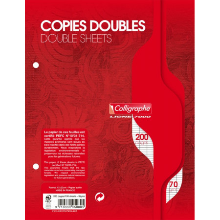 COPIE DOUBLE - Petit Format, 17X22 - Grands Carreaux SEYES - BLANC 200 PAGES